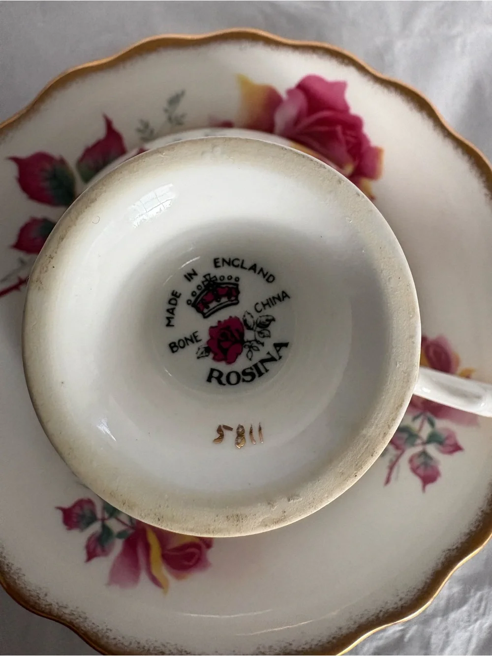Rosina White Teacup & Saucer With Multi-color  Floral Gold Trim England Bone